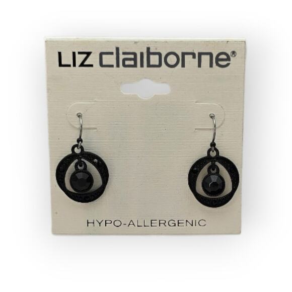 Black Art Deco Circle Drop Earrings Liz Claiborne Hypoallergenic Dangle Earrings - Picture 3 of 6